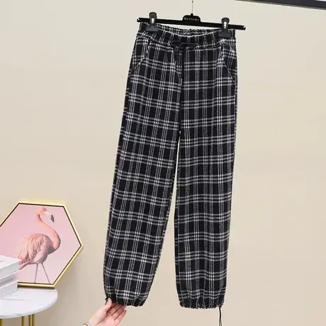 宽松高腰格子哈伦裤女春秋阔腿垂感直筒束脚萝卜裤休闲工装裤长裤图片