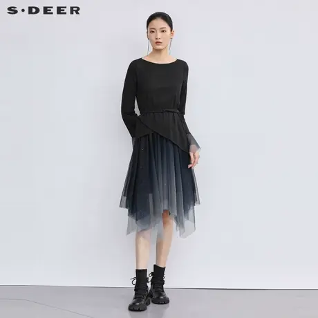 sdeer圣迪奥女装圆领收腰网纱渐变长袖连衣裙S223Z127Z图片