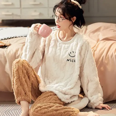 珊瑚绒睡衣女士秋冬款加绒加厚法兰绒家居服套装2023年新款可外穿图片