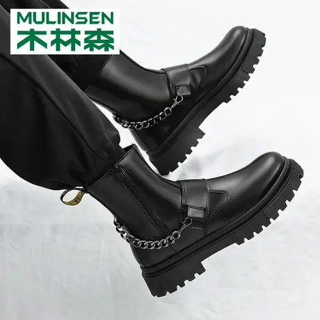 木林森马丁靴男2023新款秋冬季英伦风高帮皮靴黑色软皮机车工装靴商品大图
