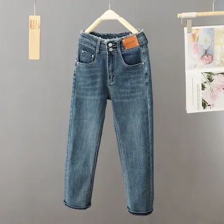 高腰哈伦牛仔裤女2023春秋新款大码梨形身材蓝色显瘦萝卜老爹裤子图片