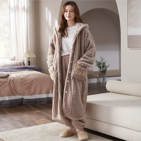 猫人法兰绒睡衣2023新款开衫睡袍秋冬季加绒加厚家居服套装可外穿商品大图