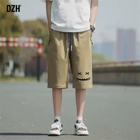 男士笑脸印花七分短裤男美式冰丝休闲裤男夏季薄款沙滩裤2023新款商品大图