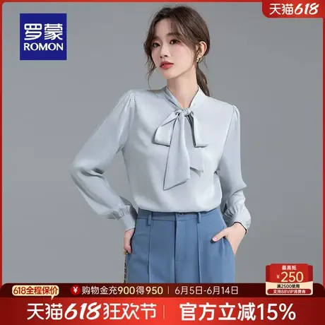 罗蒙女士时尚休闲蝴蝶结领长袖衬衫2025春季新款修身显瘦通勤衬衣图片