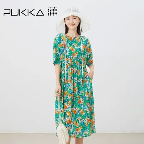 蒲PUKKA 原创设计2023夏季新品桑蚕丝法式气质显瘦印花收腰连衣裙图片