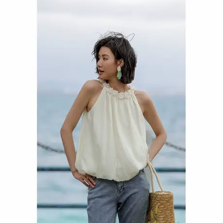 弥古法式绝美挂脖上衣高级感女外穿露肩吊带2025夏季宽松无袖背心图片