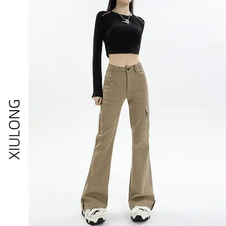 卡其色工装喇叭裤女春秋季2023新款高腰宽松阔腿休闲微喇牛仔裤子图片