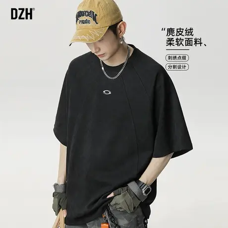 男士麂皮绒短袖男款美式高街潮牌2025新款休闲T恤夏季美式体恤衫商品大图
