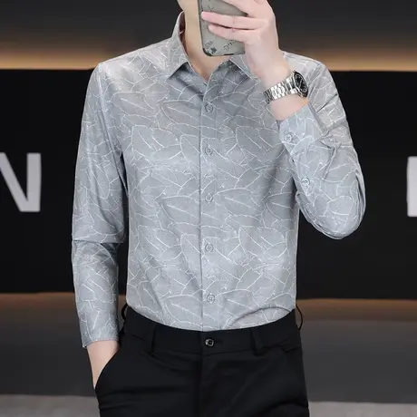 2025新款男士长袖衬衫韩版修身帅气免烫印花衬衣春秋季潮流寸衫商品大图