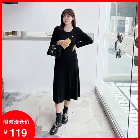 2023秋新款百搭亮丝气质中长款胖MM针织打底连衣裙黑色显瘦大码图片