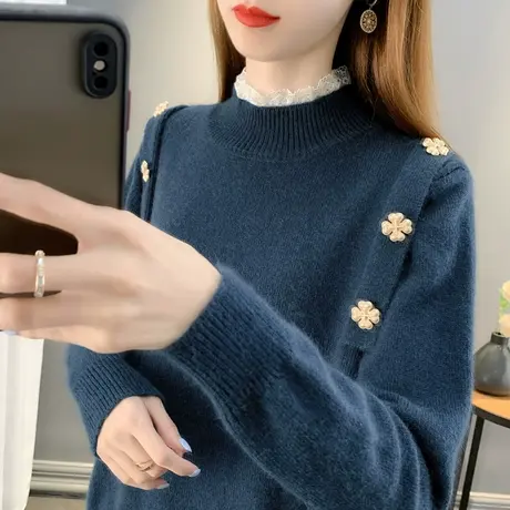 半高领蕾丝拼接2023秋冬新款纽扣设计感显瘦毛衣女百搭针织打底衫商品大图