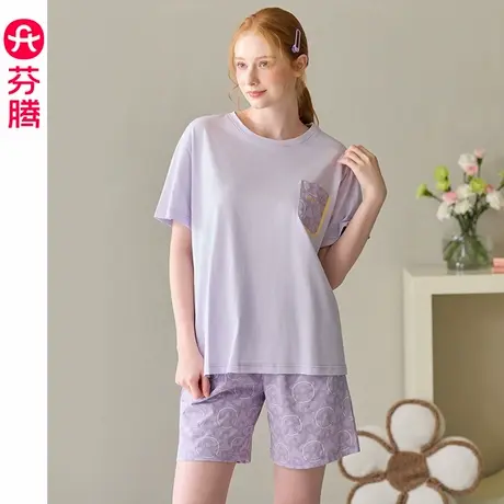 芬腾女士睡衣夏季纯棉短袖短裤套装凉感薄款透气可外穿夏天家居服商品大图