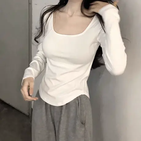 韩版白色T恤打底衫女装春秋薄款方领高级感ins潮休闲百搭长袖上衣商品大图