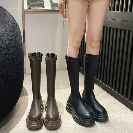 厚底长筒靴女2023春秋季新款小个子洋气韩系瘦瘦靴高跟增高骑士靴图片