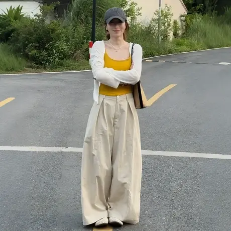 休闲时尚卡其色阔腿裤女秋季新款韩版宽松纸袋裤高腰显瘦直筒长裤图片
