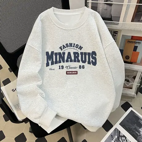 白灰色圆领重磅卫衣女早秋季2025新款宽松慵懒风无帽美式复古上衣商品大图