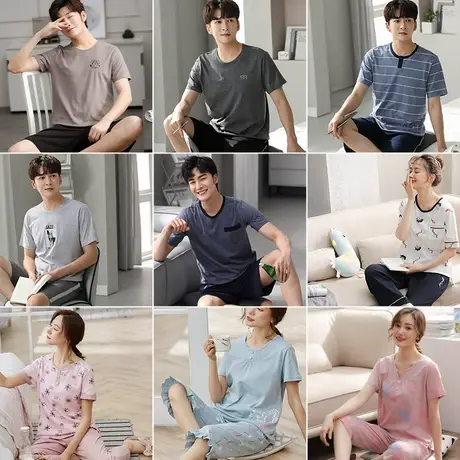 新一步2025年纯棉睡衣男短袖短裤女夏家居服套装商品大图