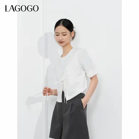 LAGOGO柔软舒适国风盘扣T恤女拉谷谷2024春秋新款假两件短袖上衣商品大图