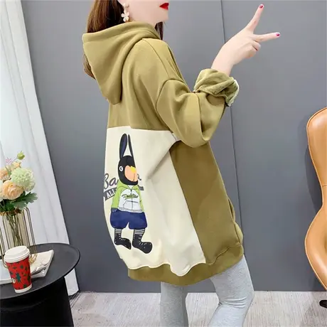 加绒加厚拼色网红连帽卫衣女2022新款秋冬款式中长款爆款上衣外套商品大图