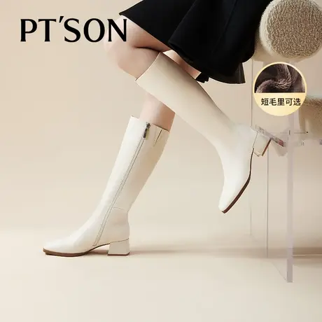 [明星同款]商场款百田森白色骑士长筒靴女真皮加绒保暖高筒靴显瘦商品大图