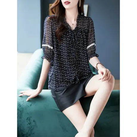 宝诗黎V领系带印花蕾丝雪纺衫2023年夏季新款五分袖宽松上衣女装商品大图