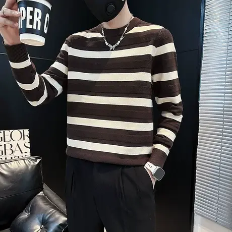 慵懒风撞色条纹针织衫男秋冬季休闲ins小众设计感个性毛衣打底衫商品大图