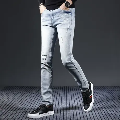 秋冬款浅色破洞牛仔裤男2023新款修身小脚弹力百搭休闲男士裤子商品大图