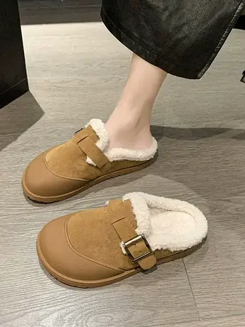 勃肯鞋加绒女鞋2023冬季新款软底软木防滑厚底包头毛毛拖鞋女外穿商品大图