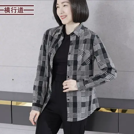 简约休闲复古翻领格子宽松长袖衬衣女装外穿开衫上衣2023冬季新款商品大图