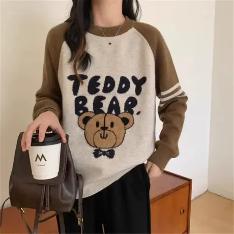 卡通小熊撞色圆领毛衣女学院风宽松针织衫冬季新款洋气软糯打底衫图片