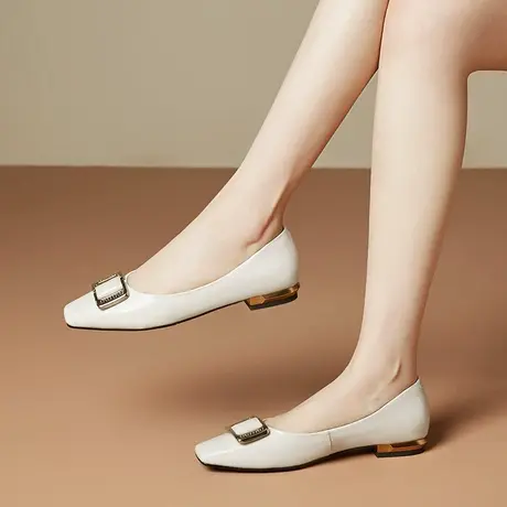 春季新款单鞋女低跟平底时尚百搭气质小方头浅口里外真皮单皮鞋商品大图