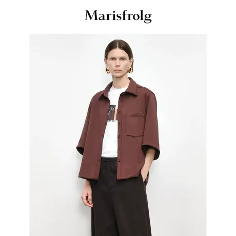 【商场同款】玛丝菲尔秋季新款咖色气质翻领简约短款衬衫商品大图