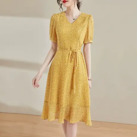 【1件7.9折】夏季新品百搭显瘦花色雪纺裙子时尚V领短袖连衣裙图片