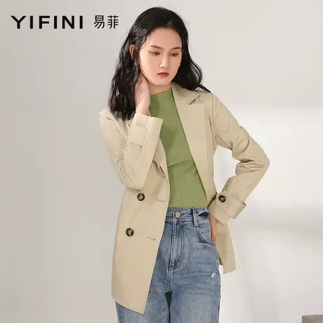 Yifini/易菲春秋季薄款长袖宽松外套休闲双排扣上衣女短款风衣商品大图