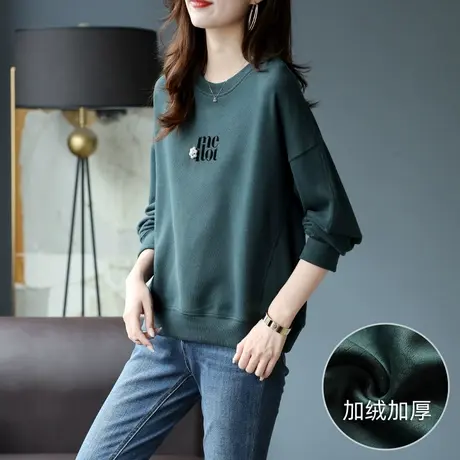 宝诗黎圆领落肩字母钉珠加绒加厚卫衣女冬季2023复古小众长袖上衣商品大图