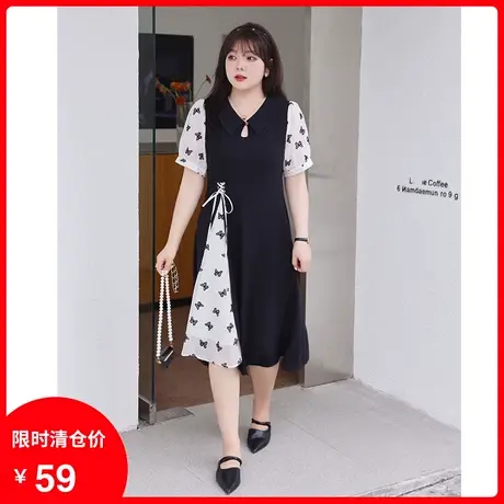 【清仓】新款新中式短袖连衣裙显瘦大码妹妹胖MM开衩假两件长裙子图片