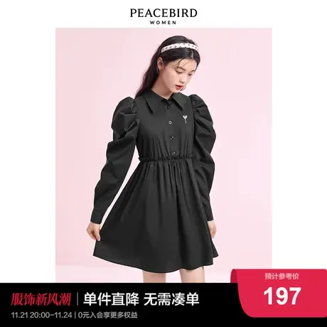 太平鸟泡泡袖衬衫连衣裙女2022春秋装新款黑色百褶法式收腰连衣裙图片