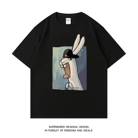 美式复古卡通兔子纯棉短袖t恤男夏季ins港风新款圆领纯棉宽松半袖商品大图