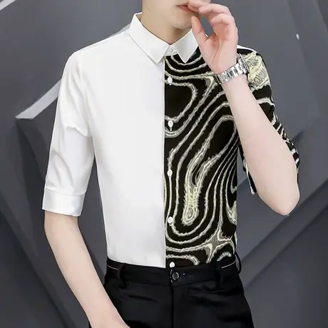 ins潮牌七分袖衬衫夏季男士个性韩版设计感小众痞帅半袖印花衬衣商品大图