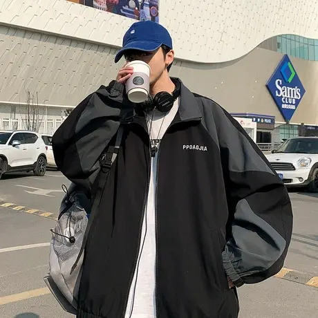 新款潮流开衫翻领休闲夹克男ins春季港风撞色拼接工装上衣服外套商品大图