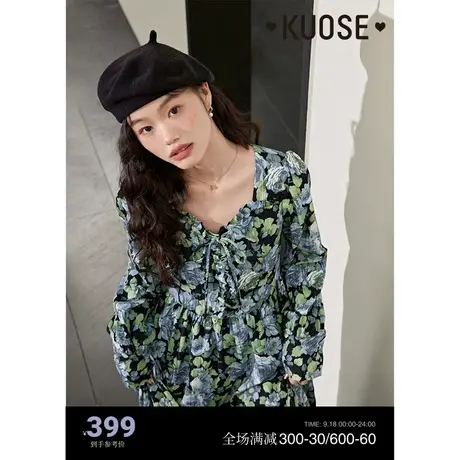 阔色法式玫瑰碎花连衣裙女2023春秋季新款长袖复古设计感长裙子图片