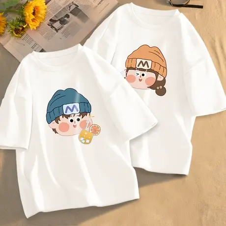 白色情侣装夏装2023夏季新款百搭宽松上衣t恤学生小个子纯棉短袖图片