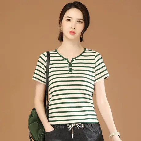韩潮袭人V领宽松休闲条纹短袖T恤女2023夏季新款宽松显瘦百搭上衣商品大图