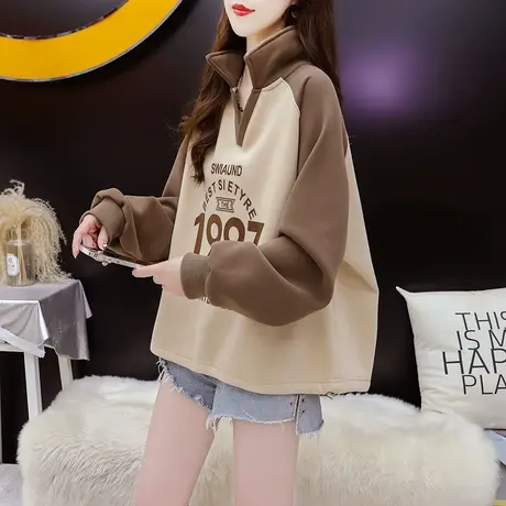 加绒加厚polo领卫衣女2023新款秋冬季宽松短款小个子洋气百搭上衣商品大图