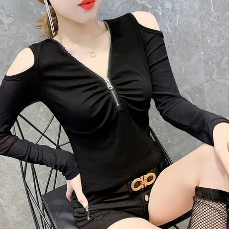 2023春秋新款性感V领拉链T恤女长袖名媛气质露肩上衣紧身打底衫潮商品大图