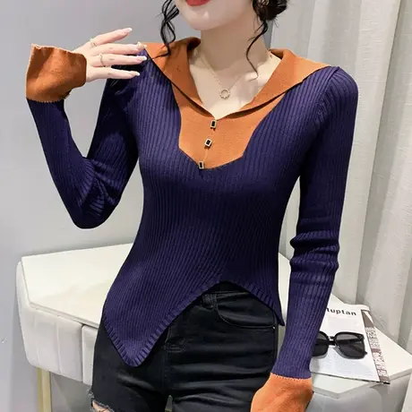 不规则开叉针织衫女士秋冬设计感小众海军蓝毛衣拼色气质打底上衣图片