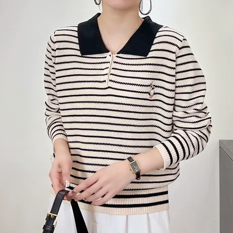 春秋季2023年新款娃娃领条纹针织衫毛衣女女士宽松洋气打底衫内搭商品大图