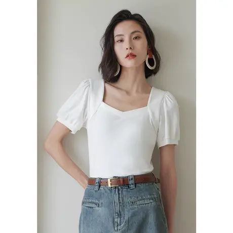 弥古法式方领上衣高级感泡泡袖针织衫女夏白色修身针织棉短袖t恤商品大图