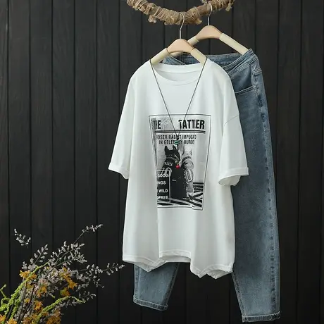 夏季2022新款文艺印花短袖T恤女装宽松圆领薄款上衣打底半袖体恤商品大图