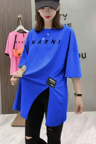 2023夏季新款字母印花开叉T恤时尚百搭设计感宽松显瘦短袖上衣女图片